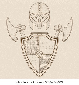 Viking warrior set - shield, swords and helmet. Hand drawn sketch on beige background. Vector illustration