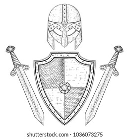 Viking warrior set - shield, swords and helmet. Hand drawn sketch isolated on white background. Vector illustration