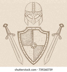 Viking warrior set - shield, swords and helmet. Hand drawn sketch. Vector illustration on beige background