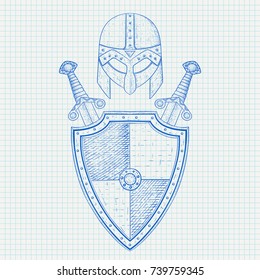 Viking warrior set - shield, swords and helmet. Hand drawn sketch. Vector illustration on lined paper