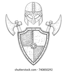 Viking warrior set - shield, swords and helmet. Hand drawn sketch. Vector illustration isolated on white background