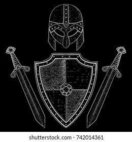 Viking warrior set - shield, swords and helmet. Hand drawn sketch. Vector illustration on black background