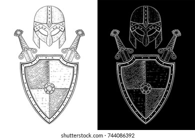 Viking warrior set - shield, swords and helmet. Hand drawn sketch. Vector illustration