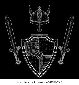 Viking warrior set - shield, swords and horned helmet. Hand drawn sketch. Vector illustration on black background