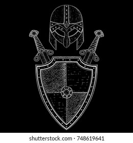 Viking warrior set - shield, swords and helmet. Hand drawn sketch on black background. Vector illustration