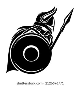 Viking warrior with shield and spear isolated on white background.