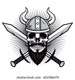 Viking Warrior Skull with Crossed Swords Vector Illustration