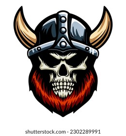 Viking warrior skull mascot. Vector viking skull logo illustration. Cartoon viking design for for emblem, patch, insignia, sticker, esport, t shirt print, sport team, label