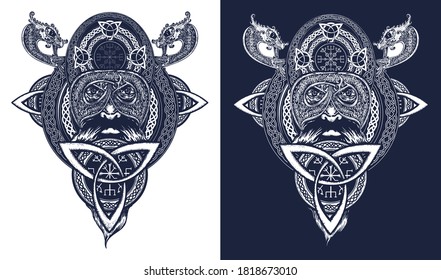 Viking warrior tattoo, t-shirt design. Celtic emblem of Odin. Northern dragons, viking helmet, ethnic style. Black and white vector graphics