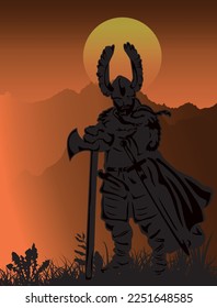 Viking warrior warlord with axe and sword. Scandinavian mountain landscape.