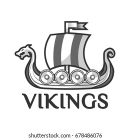 Viking warship boat with Drakkar or Drekar figurehead vector icon