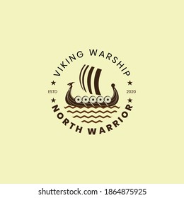 Viking Warship Under Sail With Shields And Waves. Vector Logo Design