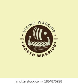 Viking Warship Under Sail With Shields And Waves. Vector Logo Design