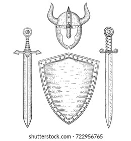 Viking weapon and accessory. Hand drawn sketch. Vector illustration isolated on white background
