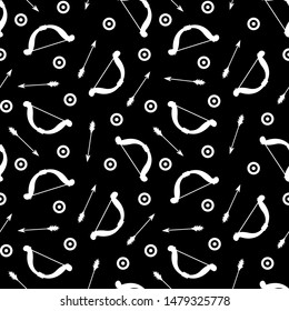 Viking weapon bow and arrows seamless pattern. White illustration isolated on black background. Print, tshirt, fabric. Vector