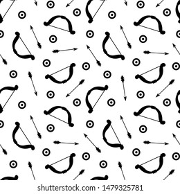 Viking weapon bow and arrows seamless pattern. Black isolated on white background. Print, tshirt, fabric. Vector