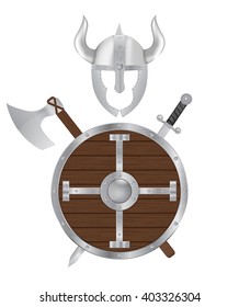 Viking weapon set. Shield, sword, axe, helmet. Vector illustration isolated on white background