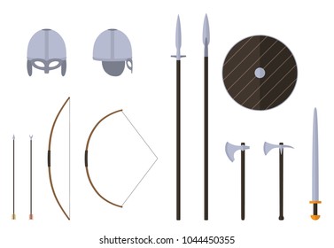 Viking weapons and armors set. Viking warrior equipment. Sword, axe, spear, pike, bow, arrows helmet shield Vector illustration