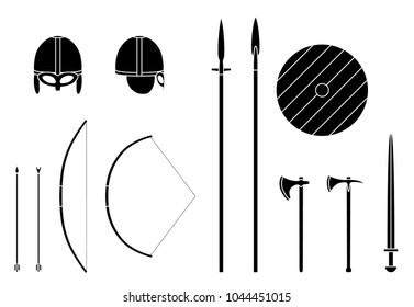 Viking weapons and armors set. Viking warrior equipment. Sword, axe, spear, pike, bow, arrows helmet shield Vector illustration