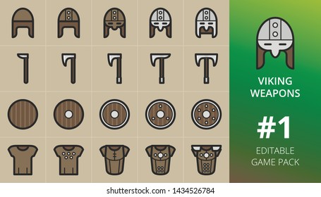 Viking weapons game icons set. Set of viking helmets, axes, shields, armor, armour. Editable RPG game pack