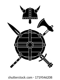 Viking-Waffen - alter mittelalterlicher Schild, Helm, Luke, Schwert, Axt, Axt, Bogen. Set von Kriegsgerät.
