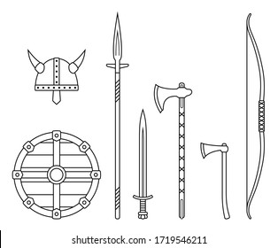 Armas vivas - viejo escudo medieval, casco, hacha, espada, hacha, hacha, arco, lanza. Equipo de guerrero.