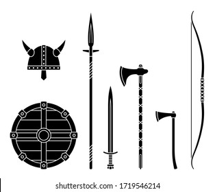 Armas vivas - viejo escudo medieval, casco, hacha, espada, hacha, hacha, arco, lanza. Equipo de guerrero.
