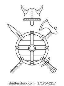 Armas vivas - viejo escudo medieval, casco, hacha, espada, hacha, hacha, arco. Equipo de guerrero.