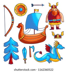 Viking with weapons and rook set.Nordic axe and sword icons.Norse warrior with beard and shield. Scandinavian legend boat cartoon vector illustration.
