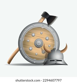 Viking weapons. Shield, helmet and ax on a white background. Vector illustration