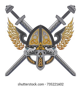 Viking winged helmet with two crossed swords and Scandinavian pattern, vector illustration