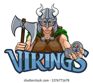 A Viking woman or gladiator female warrior gamer mascot with video games controller