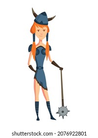 Viking Woman With Horned Helmet And Mace. Woman Warrior Or Hero Of Scandinavian Legends. Cartoon Barbarian History Character With Weapon