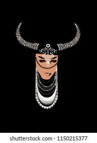 Viking woman with horns and jewelry, vector background