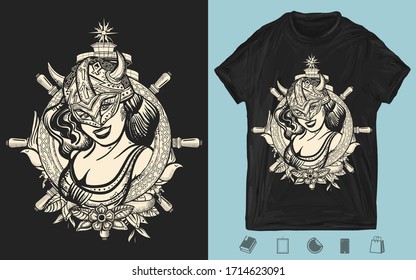 Viking woman, lighthouse and steering wheel. Warrior girl. Valhalla art. One color creative print for dark clothes. T-shirt design. Template for posters, textiles, apparels
