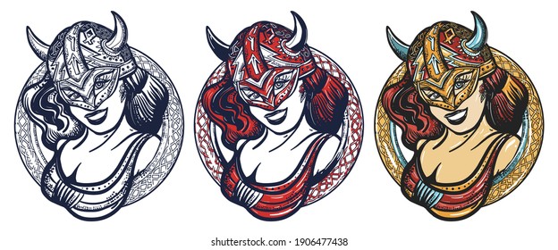 Viking woman portrait. Old school tattoo vector art. Hand drawn cartoon character set. Warrior girl. Scandinavian culture. Valhalla concept. Isolated on white.  Traditional tattooing style 