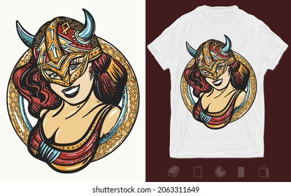 Viking Woman Portrait. Old School Tattoo Vector Art. T-shirt Design. Warrior Girl. Scandinavian Culture. Valhalla Concept. Creative Print For Clothes. Template For Posters, Textiles, Apparels 