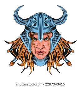 Viking woman. Scandinavian mythological viking character. Valkyrie in a horned helmet