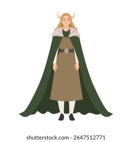 Viking Woman em trajes nórdicos tradicionais. Ilustração de vetor plano isolada no plano de fundo branco