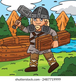 Viking with Wood Plank Colored Cartoon 