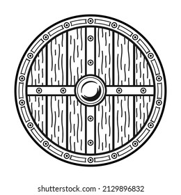 Viking wooden contour round shield with runic symbols and iron border. Vintage vector color illustration, hand drawn. Isolated on white background. Design element for label, tattoo, poster.