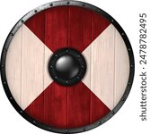 Viking wooden shield, bound with iron, with  Scandinavian symbols. Realistic illustration.