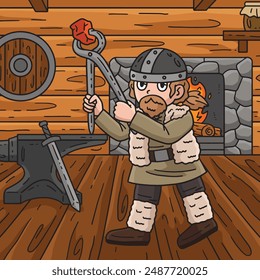 Viking Working in the Forge Colored Cartoon 