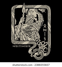 Viking-inspired design. Ancient Norse god Odin with a spear and two Ravens. Celtic-Scandinavian ornament with a snake, isolated on black, vector illustration