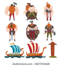 Wikinger mit antikem Waffensatz, mittelalterliche männliche und weibliche Krieger, skandinavische Mythologie-Zeichen in traditioneller Outfit-Cartoon-Art Vektorgrafik