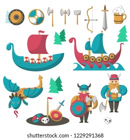 Vikings with armor, beer, flying dragon and longships. Vector flat illustration isolated on white background. Scandinavian warriors and seafarers cartoon characters of viking age.
