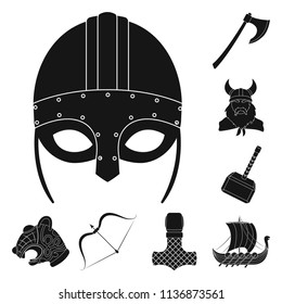 Vikings and attributes black icons in set collection for design.Old Norse Warrior vector symbol stock web illustration.