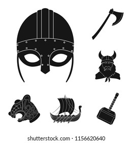 Vikings and attributes black icons in set collection for design.Old Norse Warrior vector symbol stock web illustration.