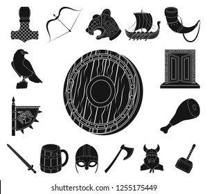 Vikings and attributes black icons in set collection for design.Old Norse Warrior vector symbol stock web illustration.