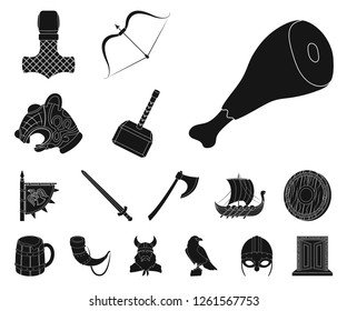 Vikings and attributes black icons in set collection for design.Old Norse Warrior vector symbol stock web illustration.
